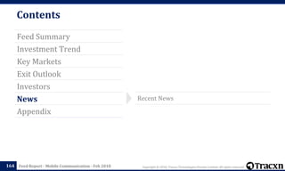 Copyright © 2018, Tracxn Technologies Private Limited. All rights reserved.Feed Report - Mobile Communication - Feb 2018
Contents
Feed Summary
Investment Trend
Key Markets
Exit Outlook
Investors
News
Appendix
164
Recent News
 