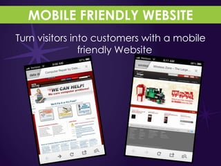 MOBILE FRIENDLY WEBSITE
Turn visitors into customers with a mobile
                friendly Website
 