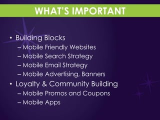 WHAT’S IMPORTANT

• Building Blocks
  – Mobile Friendly Websites
  – Mobile Search Strategy
  – Mobile Email Strategy
  – Mobile Advertising, Banners
• Loyalty & Community Building
  – Mobile Promos and Coupons
  – Mobile Apps
 