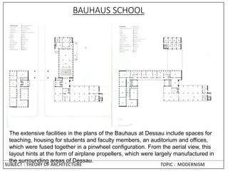 The extensive facilities in the plans of the Bauhaus at Dessau include spaces for
teaching, housing for students and faculty members, an auditorium and offices,
which were fused together in a pinwheel configuration. From the aerial view, this
layout hints at the form of airplane propellers, which were largely manufactured in
the surrounding areas of Dessau.
BAUHAUS SCHOOL
SUBJECT : THEORY OF ARCHITECTURE TOPIC : MODERNISM
 