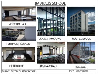 TERRACE PASSAGE
MEETING HALL
CORRIDOR
GLAZED WINDOWS
SEMINAR HALL
HOSTEL BLOCK
PASSAGE
BAUHAUS SCHOOL
SUBJECT : THEORY OF ARCHITECTURE TOPIC : MODERNISM
 