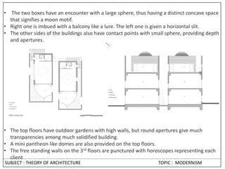 • The two boxes have an encounter with a large sphere, thus having a distinct concave space
that signifies a moon motif.
• Right one is imbued with a balcony like a lure. The left one is given a horizontal slit.
• The other sides of the buildings also have contact points with small sphere, providing depth
and apertures.
• The top floors have outdoor gardens with high walls, but round apertures give much
transparencies among much solidified building.
• A mini pantheon like domes are also provided on the top floors.
• The free standing walls on the 3rd floors are punctured with horoscopes representing each
client
SUBJECT : THEORY OF ARCHITECTURE TOPIC : MODERNISM
 