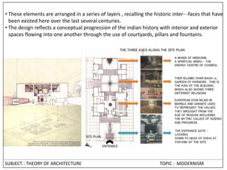 • These elements are arranged in a series of layers , recalling the historic inter- -faces that have
been existed here over the last several centuries.
• The design reflects a conceptual progression of the indian history with interior and exterior
spaces flowing into one another through the use of courtyards, pillars and fountains.
SUBJECT : THEORY OF ARCHITECTURE TOPIC : MODERNISM
 
