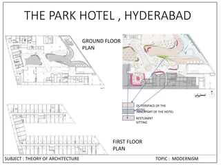 GROUND FLOOR
PLAN
FIRST FLOOR
PLAN
OUTERSPACE OF THE
HOTEL
INNERPART OF THE HOTEL
RESTURANT
SITTING
THE PARK HOTEL , HYDERABAD
SUBJECT : THEORY OF ARCHITECTURE TOPIC : MODERNISM
 