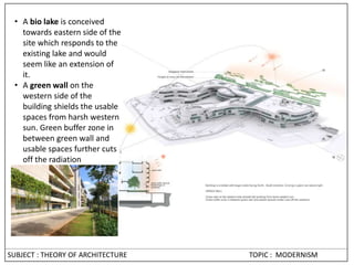 • A bio lake is conceived
towards eastern side of the
site which responds to the
existing lake and would
seem like an extension of
it.
• A green wall on the
western side of the
building shields the usable
spaces from harsh western
sun. Green buffer zone in
between green wall and
usable spaces further cuts
off the radiation
SUBJECT : THEORY OF ARCHITECTURE TOPIC : MODERNISM
 