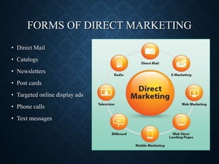 FORMS OF DIRECT MARKETING
• Direct Mail
• Catalogs
• Newsletters
• Post cards
• Targeted online display ads
• Phone calls
• Text messages
 