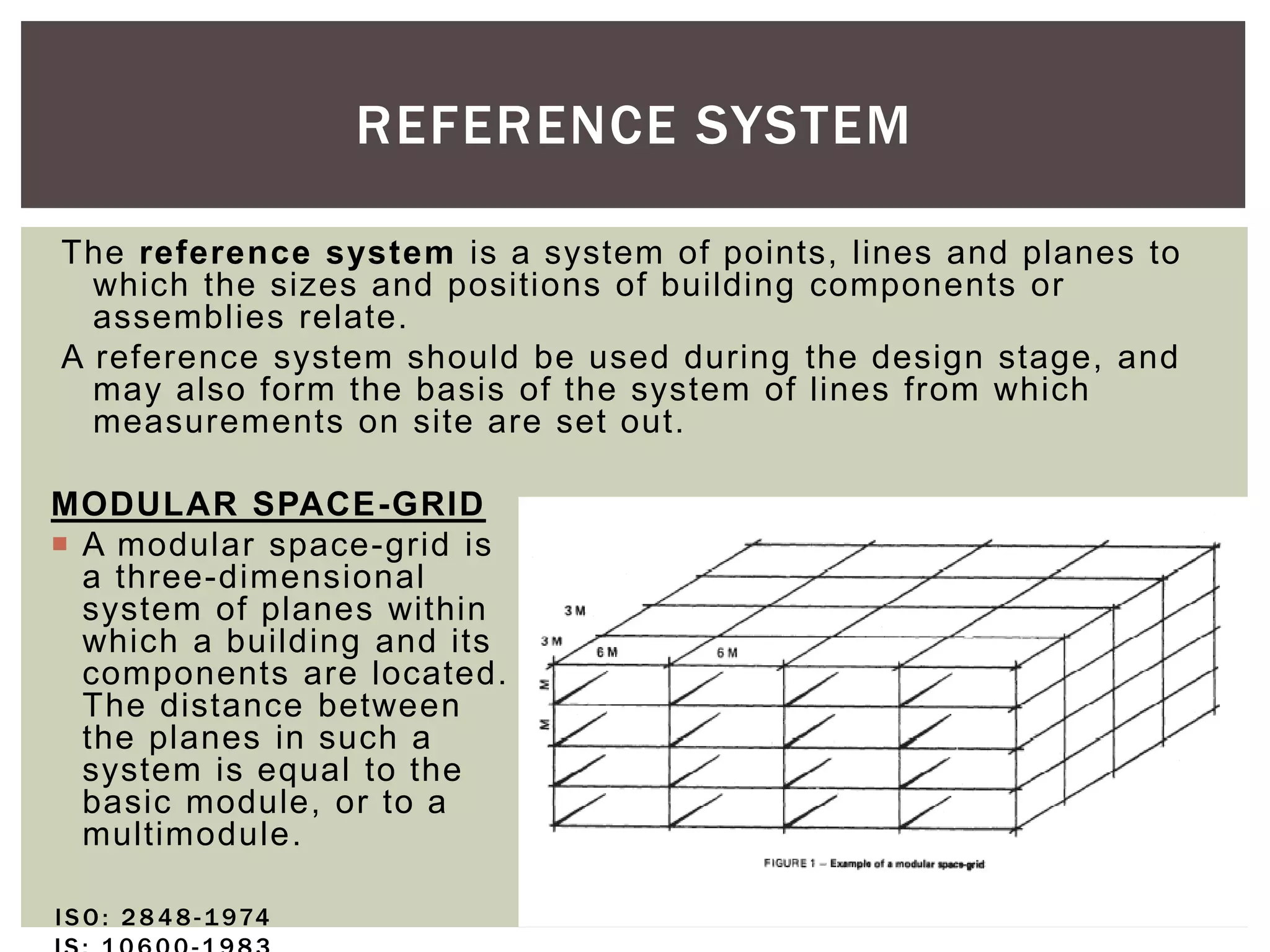 REFERENCE SYSTEM
The reference system is a system of points, lines and planes to
which the sizes and positions of building components or
assemblies relate.
A reference system should be used during the design stage, and
may also form the basis of the system of lines from which
measurements on site are set out.
ISO: 28 48 -1974
MODULAR SPACE-GRID
 A modular space-grid is
a three-dimensional
system of planes within
which a building and its
components are located.
The distance between
the planes in such a
system is equal to the
basic module, or to a
multimodule.
 