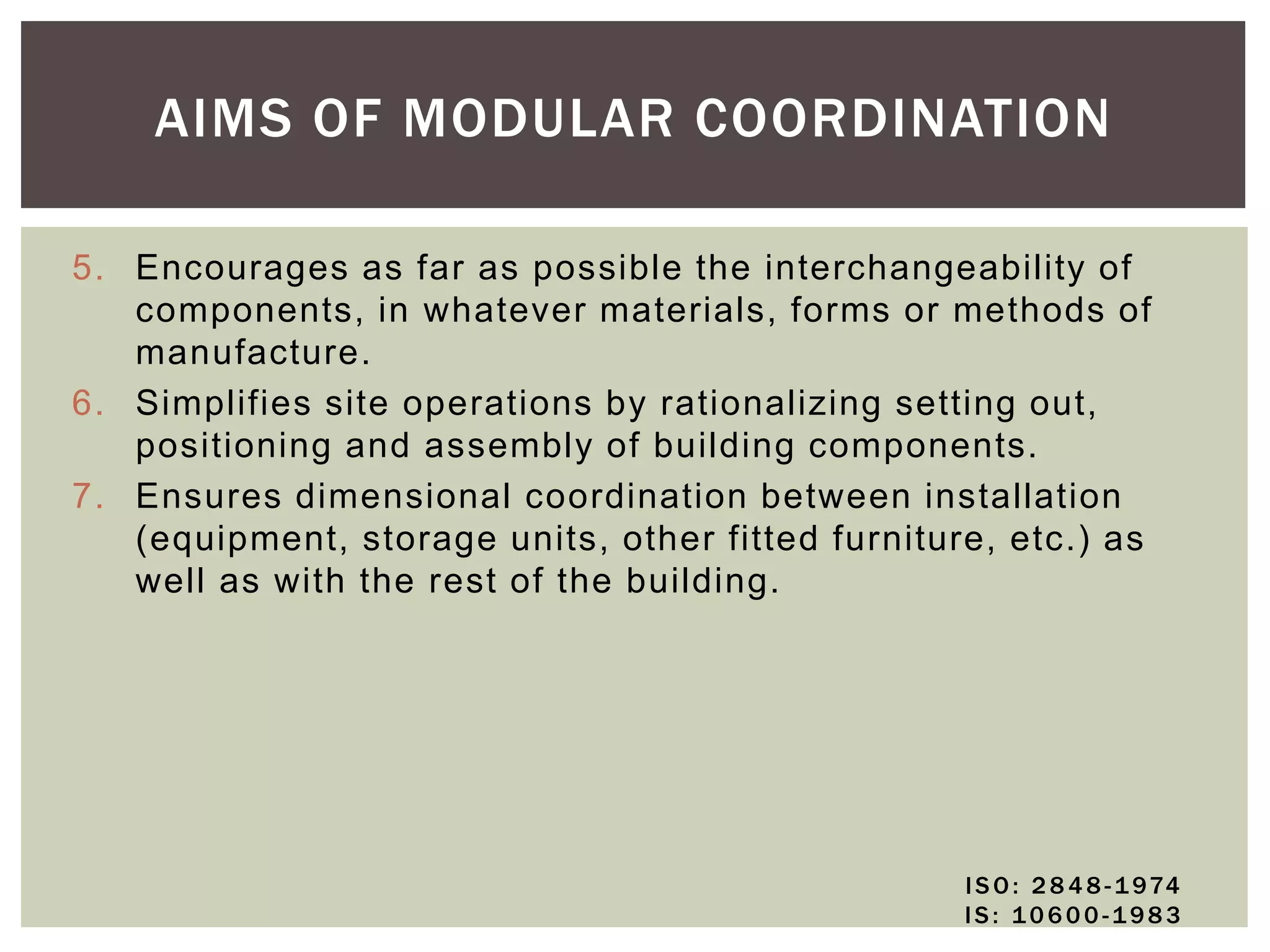 5. Encourages as far as possible the interchangeability of
components, in whatever materials, forms or methods of
manufacture.
6. Simplifies site operations by rationalizing setting out,
positioning and assembly of building components.
7. Ensures dimensional coordination between installation
(equipment, storage units, other fitted furniture, etc.) as
well as with the rest of the building.
AIMS OF MODULAR COORDINATION
ISO: 28 48 -1974
IS: 10600 -1983
 