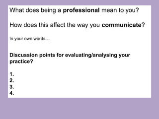 What does being a professional mean to you?
How does this affect the way you communicate?
In your own words…
Discussion points for evaluating/analysing your
practice?
1.
2.
3.
4.
 
