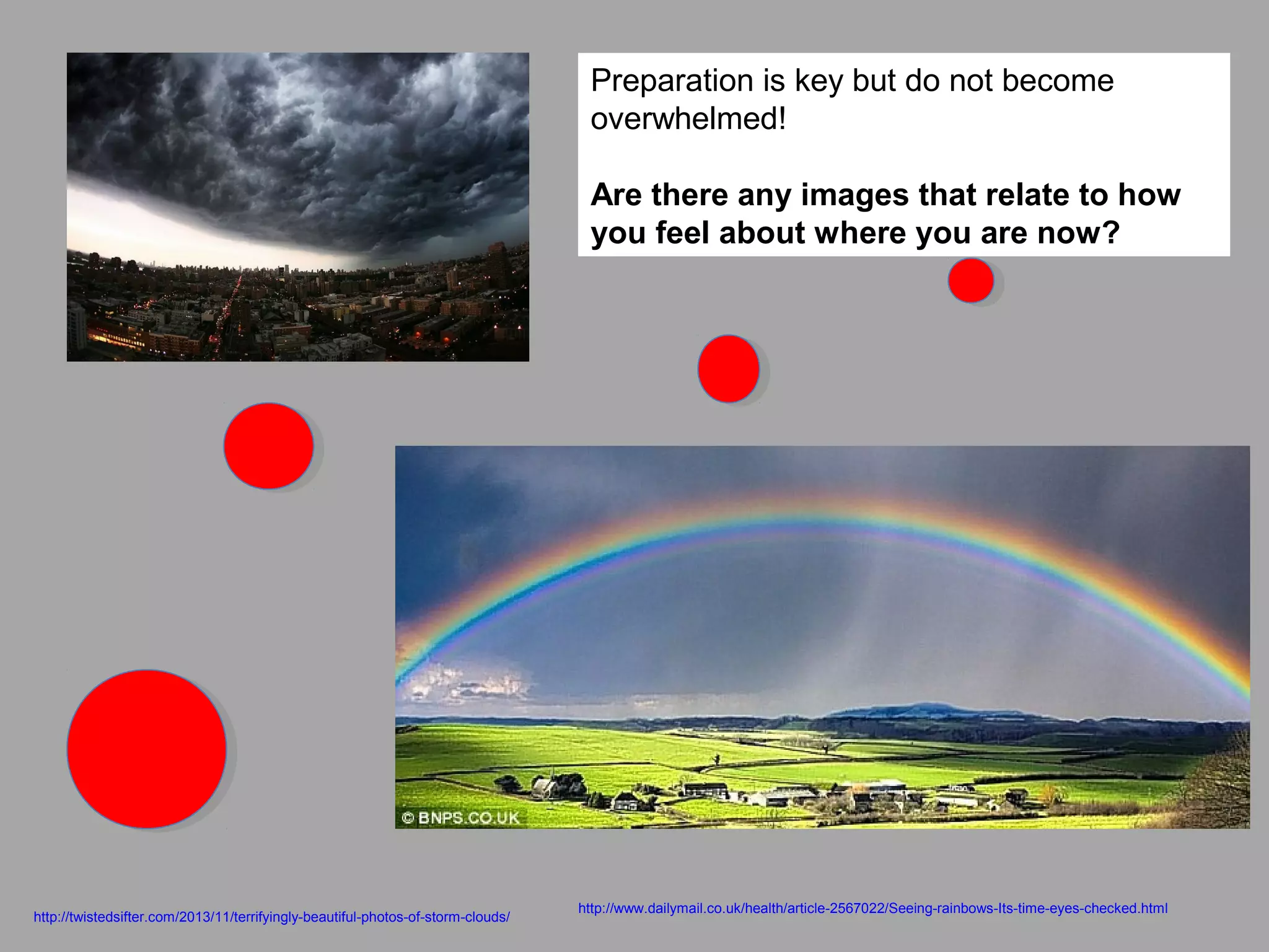 http://twistedsifter.com/2013/11/terrifyingly-beautiful-photos-of-storm-clouds/
http://www.dailymail.co.uk/health/article-2567022/Seeing-rainbows-Its-time-eyes-checked.html
Preparation is key but do not become
overwhelmed!
Are there any images that relate to how
you feel about where you are now?
 