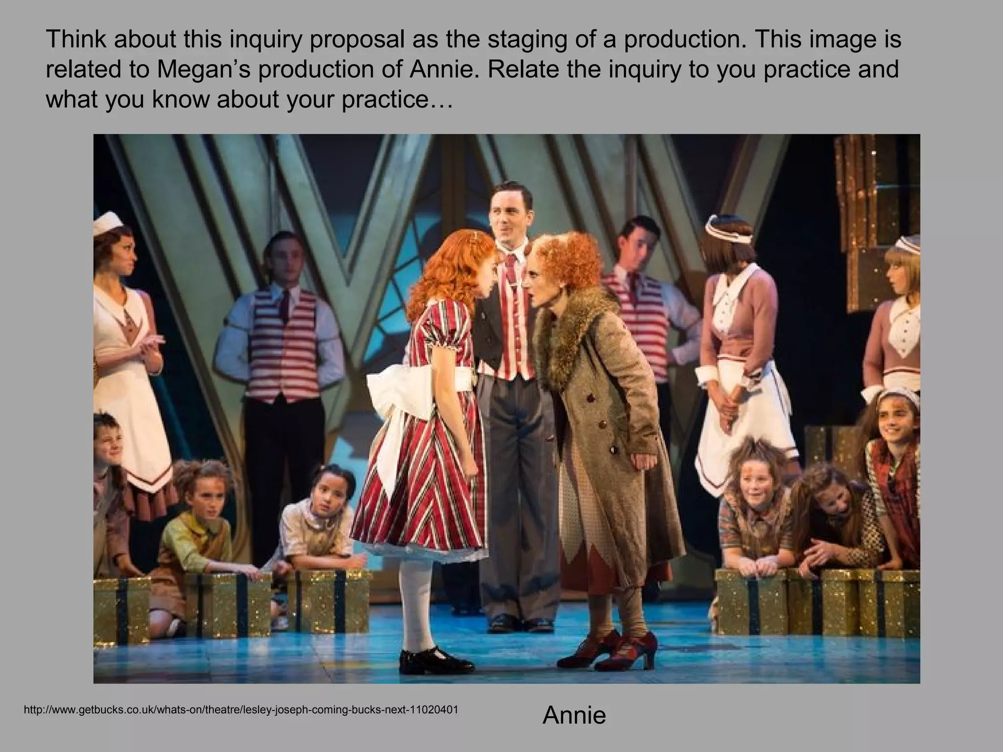 http://www.getbucks.co.uk/whats-on/theatre/lesley-joseph-coming-bucks-next-11020401
Think about this inquiry proposal as the staging of a production. This image is
related to Megan’s production of Annie. Relate the inquiry to you practice and
what you know about your practice…
Annie
 