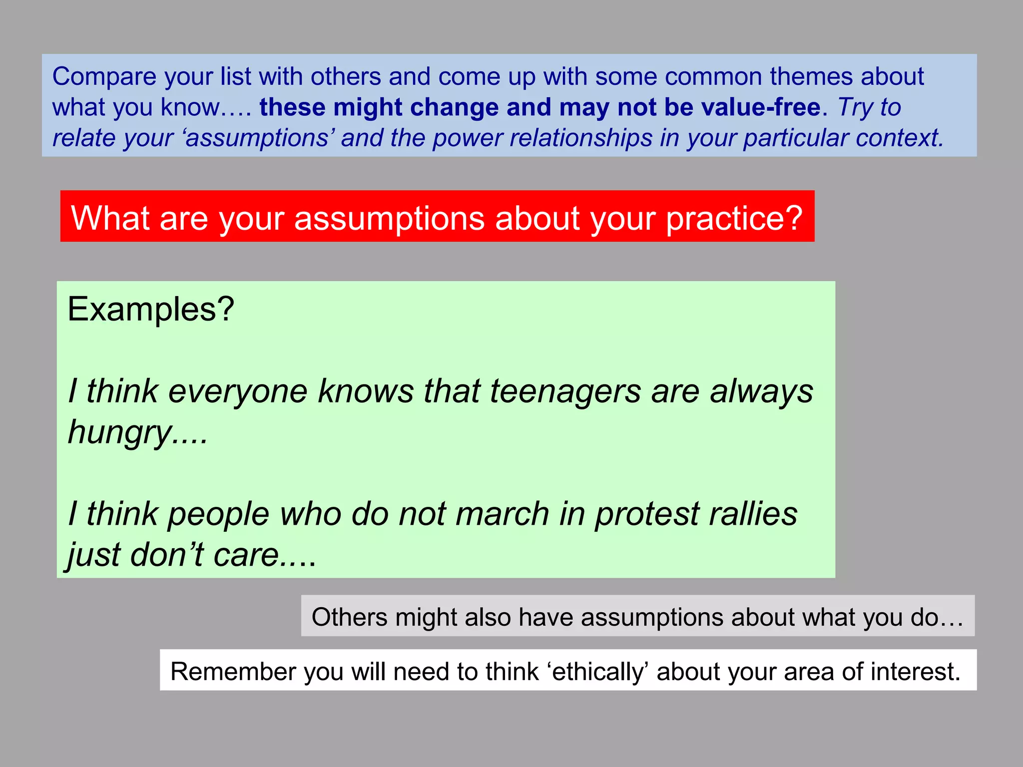 Compare your list with others and come up with some common themes about
what you know…. these might change and may not be value-free. Try to
relate your ‘assumptions’ and the power relationships in your particular context.
What are your assumptions about your practice?
Examples?
I think everyone knows that teenagers are always
hungry....
I think people who do not march in protest rallies
just don’t care....
Remember you will need to think ‘ethically’ about your area of interest.
Others might also have assumptions about what you do…
 