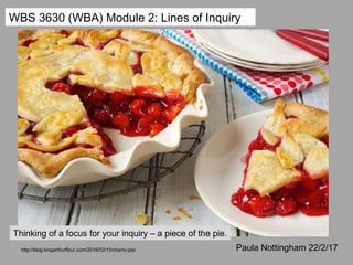Paula Nottingham 22/2/17http://blog.kingarthurflour.com/2016/02/15/cherry-pie/
WBS 3630 (WBA) Module 2: Lines of Inquiry
Thinking of a focus for your inquiry – a piece of the pie.
 