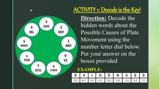 z ACTIVITY 1: Decode is the Key!
Direction: Decode the
hidden words about the
Possible Causes of Plate
Movement using the
number letter dial below.
Put your answer on the
boxes provided
!
EXAMPLE:
E V I D E N C E S
2-2 8-1 3-3 2-1 2-2 5-2 1-3 2-2 7-1
 