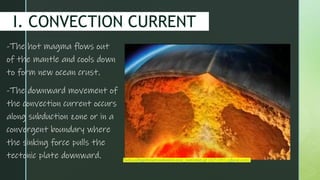 z
I. CONVECTION CURRENT
-The hot magma flows out
of the mantle and cools down
to form new ocean crust.
-The downward movement of
the convection current occurs
along subduction zone or in a
convergent boundary where
the sinking force pulls the
tectonic plate downward. TediousRigidAmericankestrel-size_restricted.gif (327×251) (gfycat.com)
 