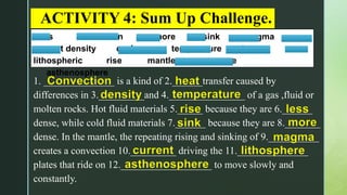 z
ACTIVITY 4: Sum Up Challenge.
Less convection more sink magma
current density cycle temperature heat
lithospheric rise mantle core
asthenosphere
1. ______________ is a kind of 2.______transfer caused by
differences in 3._________and 4._______________ of a gas ,fluid or
molten rocks. Hot fluid materials 5._____ because they are 6.______
dense, while cold fluid materials 7.______ because they are 8._______
dense. In the mantle, the repeating rising and sinking of 9.__________
creates a convection 10._________ driving the 11.______________
plates that ride on 12.__________________ to move slowly and
constantly.
Convection heat
density temperature
rise less
sink more
magma
current lithosphere
asthenosphere
 
