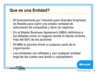 Que es una Entidad?

   El licenciamiento por Volumen para Grandes Empresas
    es flexible para cubrir una amplia variedad de
    estructuras de compañías y tipos de negocios
   En el Master Business Agreement (MBA) definimos a
    las afiliadas como un negocio donde el cliente controla
    mas del 50% de las acciones
   El MBA le permite firmar a cualquier parte de la
    organización
   Las entidades son afiliadas y son cualquier entidad
    legal de las cuales sea dueño o copropietario



                                                       © Microsoft August 2003   20
 