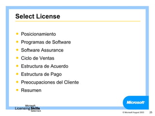 Select License

   Posicionamiento
   Programas de Software
   Software Assurance
   Ciclo de Ventas
   Estructura de Acuerdo
   Estructura de Pago
   Preocupaciones del Cliente
   Resumen



                                 © Microsoft August 2003   25
 