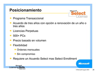 Posicionamiento
   Programa Transaccional
   Acuerdo de tres años con opción a renovación de un año o
    tres años
   Licencias Perpetuas
   500+ PCs
   Precio basado en volumen
   Flexibilidad
        Ordenes mensuales
        Sin compromiso
   Requiere un Acuerdo Select mas Select Enrollment


                                                    © Microsoft August 2003   26
 