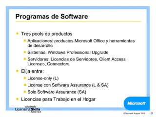Programas de Software

   Tres pools de productos
      Aplicaciones:   productos Microsoft Office y herramientas
       de desarrollo
      Sistemas:   Windows Professional Upgrade
      Servidores:Licencias de Servidores, Client Access
       Licenses, Connectors
   Elija entre:
      License-only    (L)
      License   con Software Assurance (L & SA)
      Solo   Software Assurance (SA)
   Licencias para Trabajo en el Hogar

                                                          © Microsoft August 2003   27
 