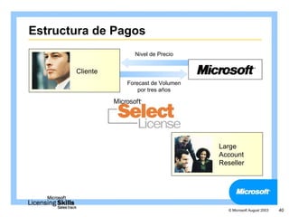 Estructura de Pagos
                   Nivel de Precio


       Cliente
                 Forecast de Volumen
                     por tres años




                                       Large
                                       Account
                                       Reseller




                                          © Microsoft August 2003   40
 