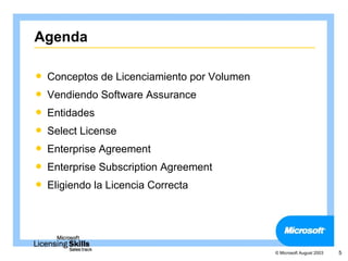 Agenda

   Conceptos de Licenciamiento por Volumen
   Vendiendo Software Assurance
   Entidades
   Select License
   Enterprise Agreement
   Enterprise Subscription Agreement
   Eligiendo la Licencia Correcta




                                              © Microsoft August 2003   5
 