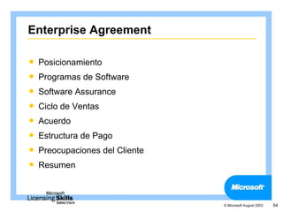 Enterprise Agreement

   Posicionamiento
   Programas de Software
   Software Assurance
   Ciclo de Ventas
   Acuerdo
   Estructura de Pago
   Preocupaciones del Cliente
   Resumen



                                 © Microsoft August 2003   54
 