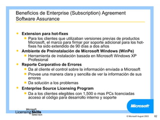 Beneficios de Enterprise (Subscription) Agreement
Software Assurance

 Extension para hot-fixes
    Para los clientes que utilizaban versiones previas de productos
     Microsoft, el marco para firmar por soporte adicional para los hot-
     fixes ha sido extendido de 90 días a dos años
 Ambiente de Preinstalación de Microsoft Windows (WinPe)
    Herramienta de instalación basada en Microsoft Windows XP
     Profesional
 Reporte Corporativo de Errores
    Da al cliente el control sobre la información enviada a Microsoft
    Provee una manera clara y sencilla de ver la información de sus
     errores
    Da solución a los problemas
 Enterprise Source Licensing Program
    Da a los clientes elegibles con 1,500 o mas PCs licenciadas
     acceso al código para desarrollo interno y soporte



                                                              © Microsoft August 2003   62
 