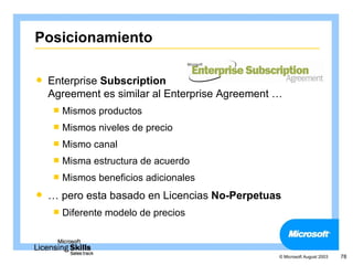 Posicionamiento

   Enterprise Subscription
    Agreement es similar al Enterprise Agreement …
     Mismos   productos
     Mismos   niveles de precio
     Mismo   canal
     Misma   estructura de acuerdo
     Mismos   beneficios adicionales
   … pero esta basado en Licencias No-Perpetuas
     Diferente   modelo de precios



                                                 © Microsoft August 2003   78
 