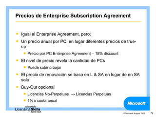 Precios de Enterprise Subscription Agreement


   Igual al Enterprise Agreement, pero:
   Un precio anual por PC, en lugar diferentes precios de true-
    up
        Precio por PC Enterprise Agreement – 15% discount
   El nivel de precio revela la cantidad de PCs
        Puede subir o bajar
   El precio de renovación se basa en L & SA en lugar de en SA
    solo
   Buy-Out opcional
        Licencias No-Perpetuas → Licencias Perpetuas
        1½ x cuota anual


                                                             © Microsoft August 2003   79
 