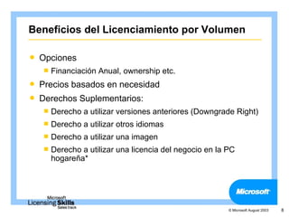 Beneficios del Licenciamiento por Volumen

   Opciones
     Financiación   Anual, ownership etc.
   Precios basados en necesidad
   Derechos Suplementarios:
     Derecho   a utilizar versiones anteriores (Downgrade Right)
     Derecho   a utilizar otros idiomas
     Derecho   a utilizar una imagen
     Derecho a utilizar una licencia del negocio en la PC
      hogareña*




                                                        © Microsoft August 2003   8
 