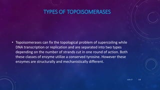 TYPES OF TOPOISOMERASES
• Topoisomerases can fix the topological problem of supercoiling while
DNA transcription or replication and are separated into two types
depending on the number of strands cut in one round of action. Both
these classes of enzyme utilize a conserved tyrosine. However these
enzymes are structurally and mechanistically different.
June 17 118
 