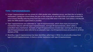 TYPE I TOPOISOMERASES :
 A type I topoisomerase cuts one strand of a DNA double helix, relaxation occurs, and then the cut strand is
reannealed. Cutting one strand allows the part of the molecule on one side of the cut to rotate around the
uncut strand, thereby reducing stress from too much or too little twist in the helix. Such stress is introduced
when the DNA strand is supercoiled or uncoiled.
 Type I topoisomerases are subdivided as : type IA topoisomerases, which share many structural and
mechanistic features with the type II topoisomerases, and type IB topoisomerases, which utilize a
controlled rotary mechanism. Examples of type IA topoisomerases include topo I and topo III. In the past,
type IB topoisomerases were referred to as eukaryotic topo I, but IB topoisomerases are present in all three
domains of life.
 Recently, a type IC topoisomerase has been identified, called topo V. While it is structurally unique from
type IA and IB topoisomerases, it shares a similar mechanism with type IB topoisomerase.
June 17 119
 