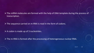 The mRNA molecules are formed with the help of DNA template during the process of
transcription.
The sequence carried on m-RNA is read in the form of codons.
A codon is made up of 3 nucleotides.
The m-RNA is formed after the processing of heterogeneous nuclear RNA.
June 17 144
 