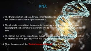 RNA
The transformation and blender experiments settled once and for all the question of
the chemical identity of the genetic material.
The absolute generality of the conclusion remained a question, though, because
several plant and animal viruses were known to contain single-stranded RNA and no
DNA.
The role of this particle in particular though became clear after its function in the flow
of information from gene to protein was understood.
Thus, the concept of the ‘Central dogma of the cell’ was discovered. June 17 19
 