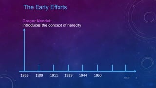 Gregor Mendel:
Introduces the concept of heredity
1865 1909 1911 1929 1944 1950
The Early Efforts
June 17 31
 