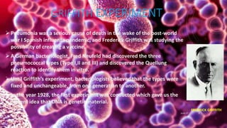 GRIFFITH EXPERIMENT
Pneumonia was a serious cause of death in the wake of the post-world
war I Spanish influenza pandemic, and Frederick Griffith was studying the
possibility of creating a vaccine.
A German bacteriologist, Fred Neufeld had discovered the three
pneumococcal types (Type I,II and III) and discovered the Quellung
reaction to identify them in vitro.
Until Griffith’s experiment, bacteriologists believed that the types were
fixed and unchangeable, from one generation to another.
In the year 1928, the first experiment was conducted which gave us the
current idea that DNA is genetic material.
FREDRICK GRIFFITH
June 17 6
 