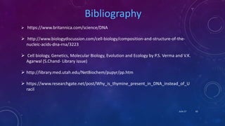 Bibliography
 https://www.britannica.com/science/DNA
 http://www.biologydiscussion.com/cell-biology/composition-and-structure-of-the-
nucleic-acids-dna-rna/3223
 Cell biology, Genetics, Molecular Biology, Evolution and Ecology by P.S. Verma and V.K.
Agarwal (S.Chand- Library issue)
 http://library.med.utah.edu/NetBiochem/pupyr/pp.htm
 https://www.researchgate.net/post/Why_is_thymine_present_in_DNA_instead_of_U
racil
June 17 65
 