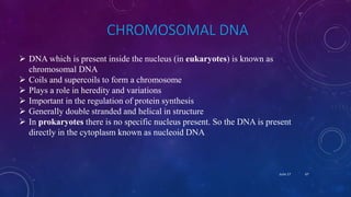 CHROMOSOMAL DNA
 DNA which is present inside the nucleus (in eukaryotes) is known as
chromosomal DNA
 Coils and supercoils to form a chromosome
 Plays a role in heredity and variations
 Important in the regulation of protein synthesis
 Generally double stranded and helical in structure
 In prokaryotes there is no specific nucleus present. So the DNA is present
directly in the cytoplasm known as nucleoid DNA
June 17 67
 