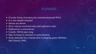 PLASMIDS
 Circular forms of prokaryotic extrachromosomal DNA
 It is also double stranded
 Introns are absent
 Have various restriction sites and replicative sites
 Replication is autonomous
 Usually 100 kb pairs long
 May be linear in structure in some bacteria
 Some plasmids have transposons or jumping genes (Barbara
McClintock,1948)
June 17 85
 