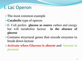I. Lac Operon
The most common example
Catabolic type of operon
E. Coli prefers glucose as source carbon and energy
but will metabolize lactose in the absence of
glucose
Contains structural genes that encode enzymes to
break down lactose
Activate when Glucose is absent and lactose is
present
10
 