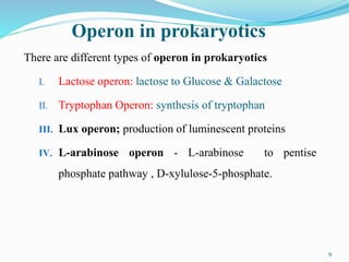 Operon in prokaryotics
There are different types of operon in prokaryotics
I. Lactose operon: lactose to Glucose & Galactose
II. Tryptophan Operon: synthesis of tryptophan
III. Lux operon; production of luminescent proteins
IV. L-arabinose operon - L-arabinose to pentise
phosphate pathway , D-xylulose-5-phosphate.
9
 