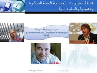 ‫فلسفة المقررات الجماعية العامة المباشرة‬
‫وأهميتها والحاجه إليها‬

‫التواصلية والمعرفة المترابطة‬
‫)‪(Connectivism and Connective Knowledge‬‬
‫8002‬

‫ستيفن داونز‬

‫جورج سيمنز‬

‫ديفد كورمر‬
‫د. علي زهدي شقور‬

‫جامعة النجاح الوطنية‬

 