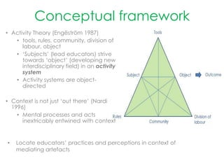 Conceptual framework
• Locate educators’ practices and perceptions in context of
mediating artefacts
• Activity Theory (Engëström 1987)
• tools, rules, community, division of
labour, object
• ‘Subjects’ (lead educators) strive
towards ‘object’ (developing new
interdisciplinary field) in an activity
system
• Activity systems are object-
directed
• Context is not just ‘out there’ (Nardi
1996)
• Mental processes and acts
inextricably entwined with context
 