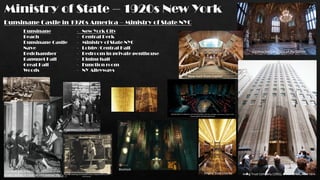 Ministry of State – 1920s New York
- New York City
- Central Perk
- Ministry of State NYC
- Lobby/Central Hall
- Bedroom in private penthouse
- Dining hall
- Function room
- NY Alleyways
Dunsinane
Beach
Dunsinane Castle
Nave
Bedchamber
Banquet Hall
Great Hall
Woods
Jazz show girls at the $7,000,000 home of the
Senator William A. Clark, on Fifth Avenue. 1927
Model Hannah Lee Sherman dressed in a Chanel coat, brimless hat,
fox stole, suede bag, and snakeskin shoes is helped out of a car on
Park Avenue.
Dunsinane Castle in 1920s America – Ministry of State NYC
A speakeasy cellar ,circa 1920
Central Hall, Houses of Parliment
New York State Capitol
Irving Trust Company (1931), 1 Wall Street, New York
DEPARTMENT OF MAGICAL LAW ENFORCEMENT, Ministry of Magic courtrooms, Order of the
Phoenix,NOTE LIGHTING AND SCALE
Empire State Interior
1920a offices wall street
Bioshock
 