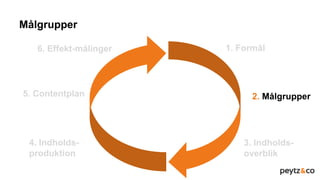 Målgrupper
1. Formål
3. Indholds-
overblik
2. Målgrupper
4. Indholds-
produktion
5. Contentplan
6. Effekt-målinger
 