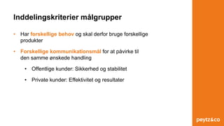 Inddelingskriterier målgrupper
• Har forskellige behov og skal derfor bruge forskellige
produkter
• Forskellige kommunikationsmål for at påvirke til
den samme ønskede handling
• Offentlige kunder: Sikkerhed og stabilitet
• Private kunder: Effektivitet og resultater
 