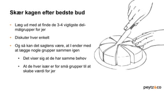Skær kagen efter bedste bud
• Læg ud med at finde de 3-4 vigtigste del-
målgrupper for jer
• Diskuter hver enkelt
• Og så kan det sagtens være, at I ender med
at lægge nogle grupper sammen igen
• Det viser sig at de har samme behov
• At de hver især er for små grupper til at
skabe værdi for jer
 