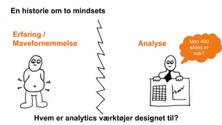 Koncept Analyse
En historie om to mindsets
Erfaring /
Mavefornemmelse Analyse
Hvem er analytics værktøjer designet til?
Mon 400
slides er
nok?
 