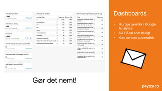 Dashboards
• Hurtige overblik i Google
Analytics
• Så FÅ tal som muligt
• Kan sendes automatisk
Gør det nemt!
 